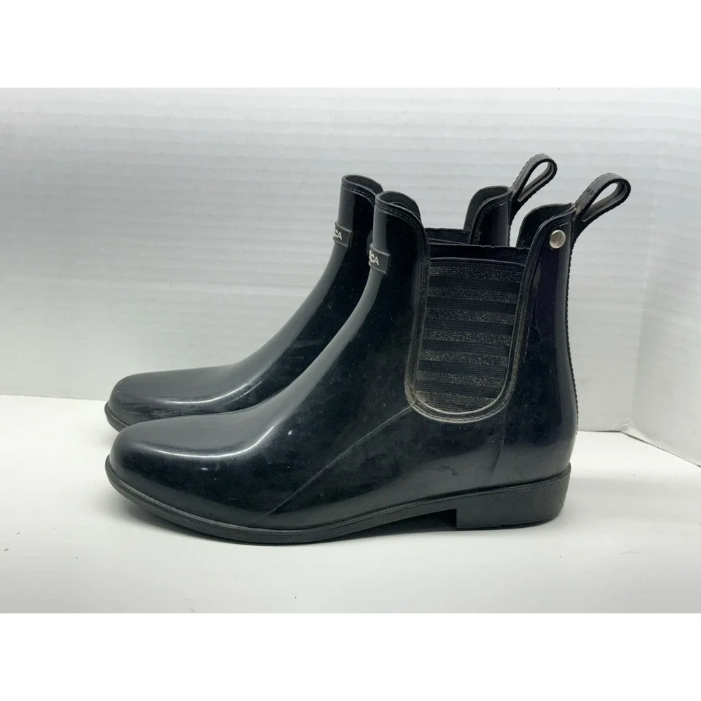 Nautica Women's Sz 10 Black Glossy‎ Rubber W/ Glitter Accents Ankle Rain Boots